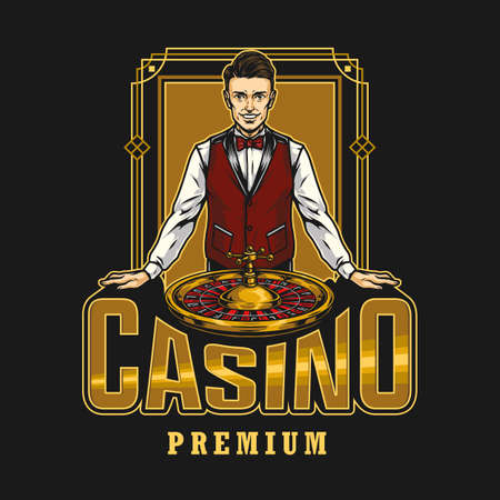 Gambling colorful print with Casino gold inscription smiling croupier and roulette wheel in vintage style isolated vector illustrationのイラスト素材
