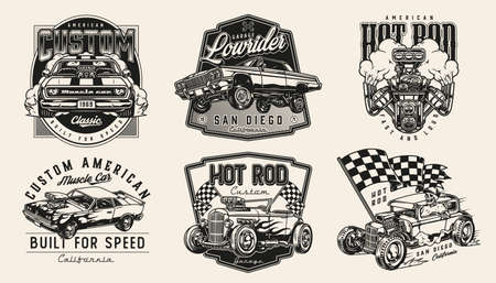 Retro custom cars vintage monochrome emblemsのイラスト素材