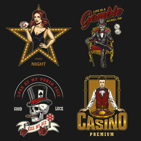 Gambling colorful vintage badgesのイラスト素材