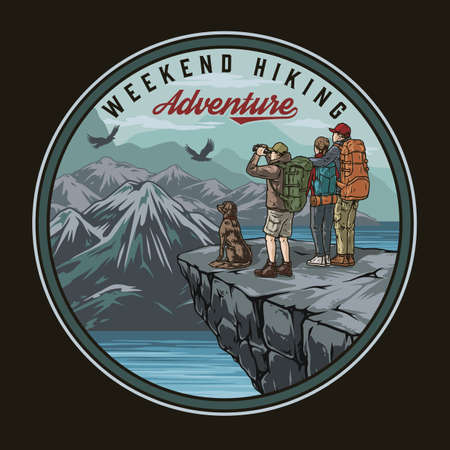 Hiking vintage colorful round emblemのイラスト素材