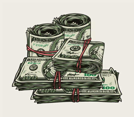 Stacks and rolls of dollar billsのイラスト素材