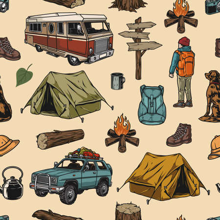 Camping colorful vintage seamless patternのイラスト素材
