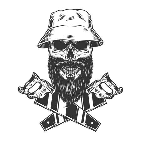 Crossed saws and bearded skull in panama hat in monochrome vintage style isolated vector illustrationのイラスト素材