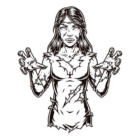 Spooky female zombie sewn from different partsのイラスト素材