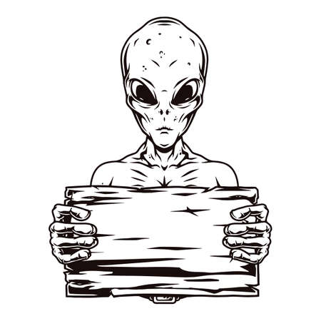 Extraterrestrial with blank wooden plankのイラスト素材