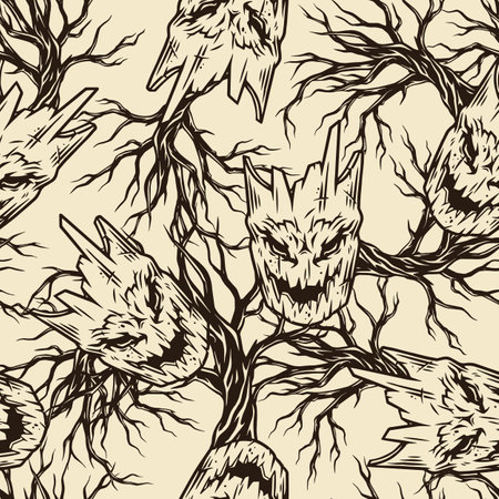 Happy Halloween vintage seamless pattern with spooky forest monster heads and dry trees in monochrome style vector illustrationのイラスト素材