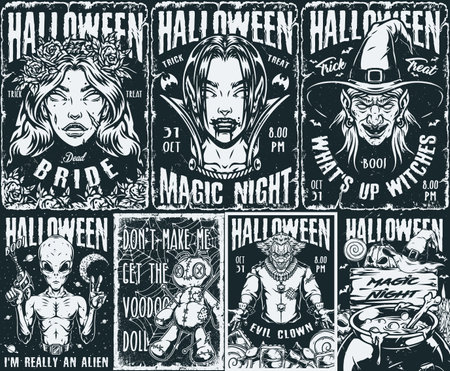 Happy Halloween vintage monochrome postersのイラスト素材