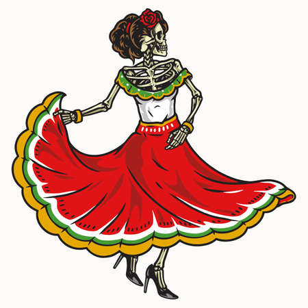 Mexican skeleton woman dancing aloneのイラスト素材