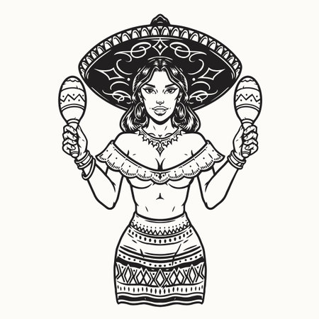 Woman in sombrero holding maracasのイラスト素材