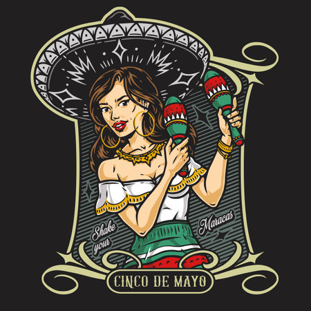 Mexican girl with maracas labelのイラスト素材