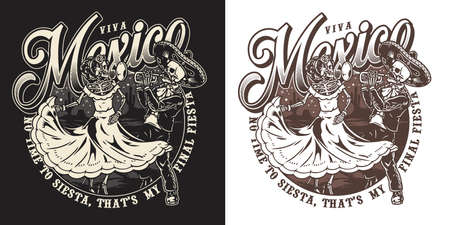 Mexican skeleton couple vintage badgeのイラスト素材