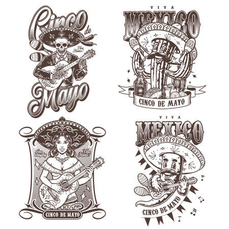 Mexican party monochrome labels setのイラスト素材