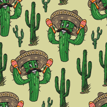 Colorful Mexican cactus seamless patternのイラスト素材