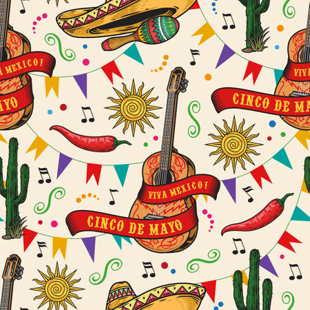 Mexican painted guitar seamless patternのイラスト素材