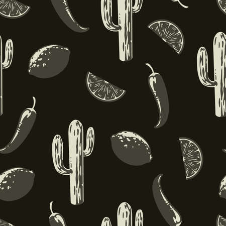 Dark seamless pattern with food and cactusのイラスト素材
