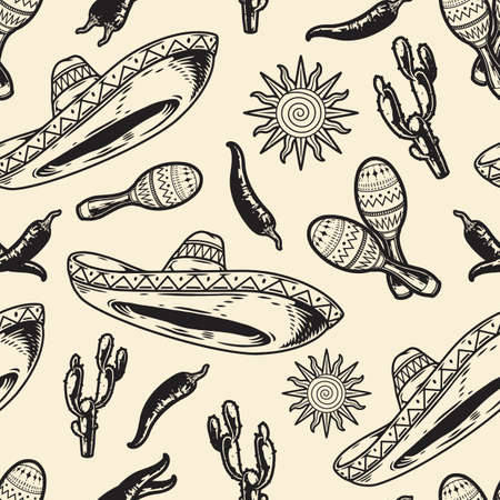 Monochrome Mexican pattern with sombreroのイラスト素材