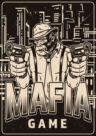 Mafia game monochrome poster with gorillaのイラスト素材