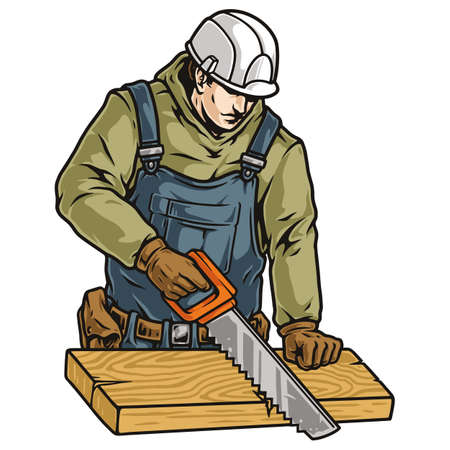 Worker in hardhat using sawのイラスト素材