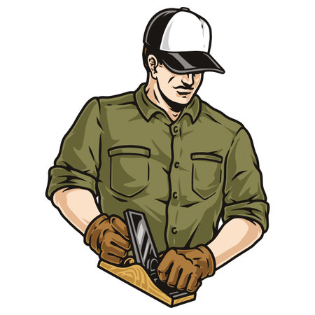 Man in gloves woodworking with planeのイラスト素材