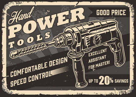 Cordless drill monochrome vintage posterのイラスト素材