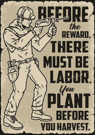 Construction worker monochrome vintage posterのイラスト素材