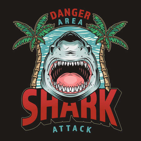 Danger shark poster vintage colorfulのイラスト素材