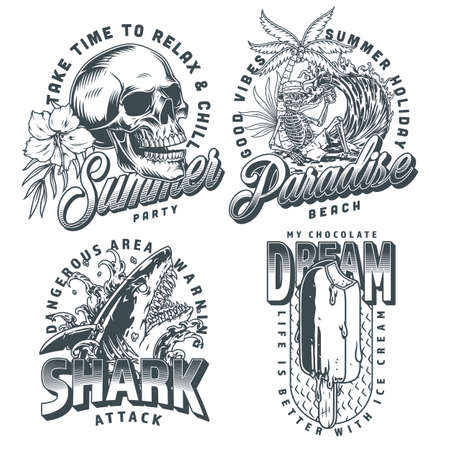 Summer set vintage flyers monochromeのイラスト素材