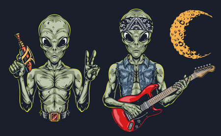 Green aliens vintage sticker colorfulのイラスト素材