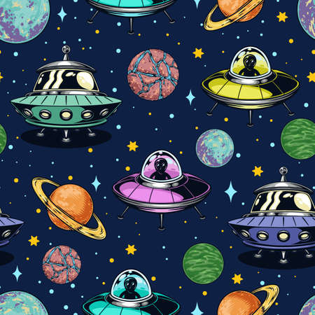 Aliens colorful vintage seamless patternのイラスト素材