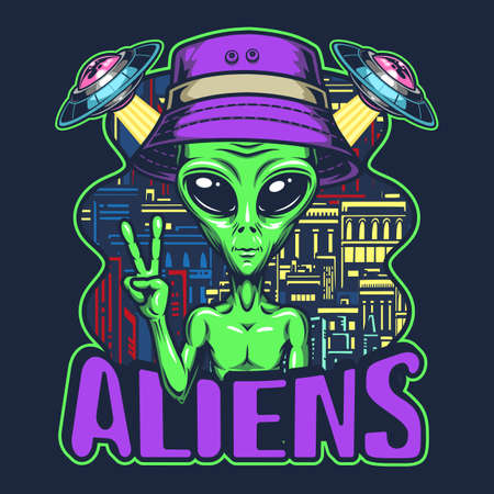 Green alien vintage flyer colorfulのイラスト素材
