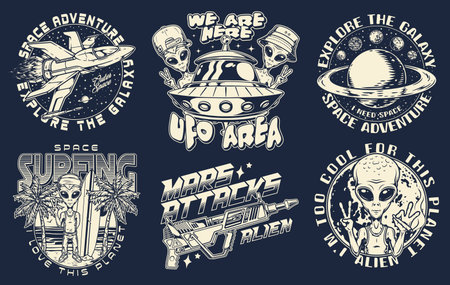 Aliens set emblems monochrome vintage