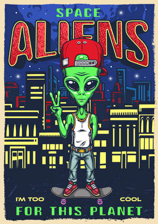 Space aliens vintage colorful flyerのイラスト素材