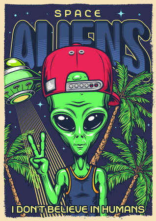 Space aliens flyer colorful vintageのイラスト素材