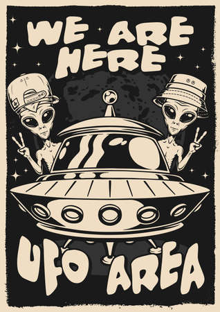UFO Martians vintage flyer monochromeのイラスト素材