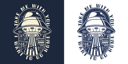 UFO abduction vintage sticker monochromeのイラスト素材