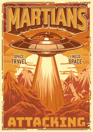 Martians attacking vintage flyer colorfulのイラスト素材