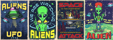 Aliens area set flyers colorfulのイラスト素材