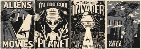 Aliens set vintage monochrome postersのイラスト素材