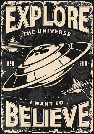 UFO space poster vintage monochromeのイラスト素材