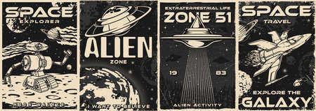 Space technology set monochrome postersのイラスト素材