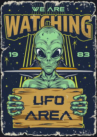 Angry alien colorful poster vintageのイラスト素材
