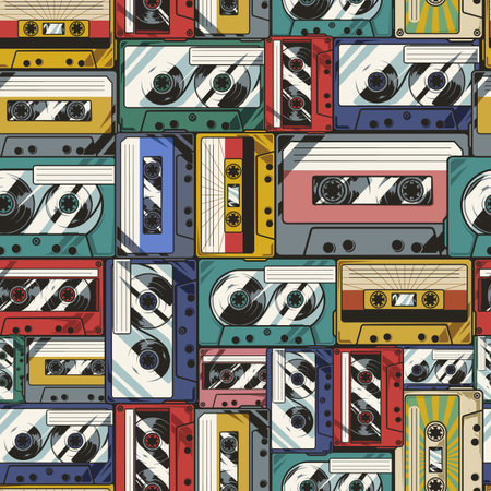 Cassettes colorful seamless pattern vintageのイラスト素材