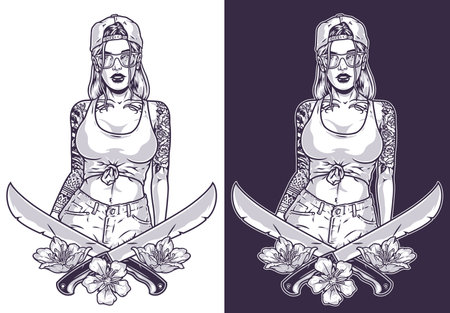 Dangerous tattooed woman monochrome emblemのイラスト素材