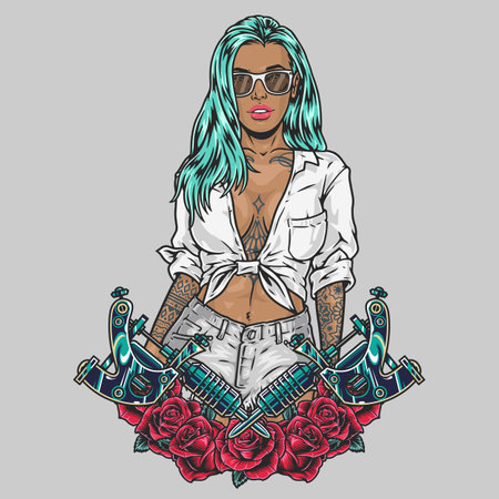 Hot tattoo girl colorful labelのイラスト素材