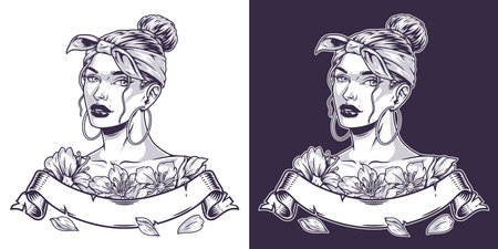 Beautiful girl portrait label monochromeのイラスト素材