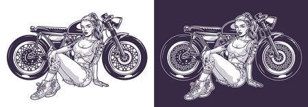 Motorcycle driver girl monochrome elementのイラスト素材