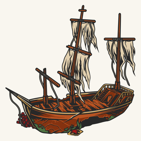 Wrecked ship colorful vintage stickerのイラスト素材