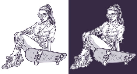 Beautiful girl skateboarder label monochromeのイラスト素材