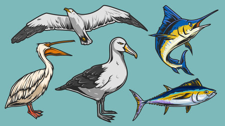 Marine fauna set colorful stickersのイラスト素材