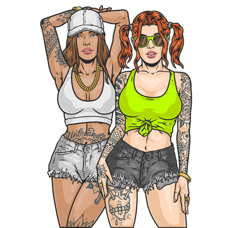 Two hot girls colorful sketchのイラスト素材